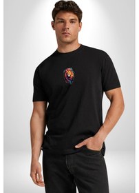 Resim Renkli Yağlı Boya Aslan Siyah Oversize Unisex Ön Orta Minimal Baskılı Tişört Siyah 
