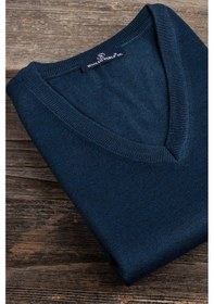 Resim V Yaka Battal Büyük Boy Yünlü Kolsuz Triko Süveter İndigo 