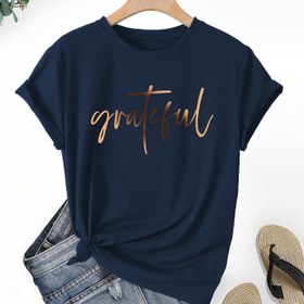 Resim Kadınlar İçin "Grateful" Anneler Günü Baskılı Tişört, Kısa Kollu Yuvarlak Yaka Yazlık Üst, İlkbahar/Yaz için Uygun, Kadın Giyim 