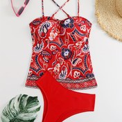 Resim 2'li Bohem Şık Çiçek Baskılı Yüksek Kesim Tankini Takımı - Elastik Polyester Kumaş, Çapraz Omuz Askıları, Kolsuz, Düzenli Alt, Rastgele Baskı, Stil - Plaj Tatili ve Yüzme için Mükemmel 