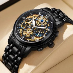 Resim Hanyang Tüm Siyah Lıge Izle Erkekler Chronograph Moda Hollow Yaratıcı Çelik Saatler Lüks Spor Su Geçirmez Kuvars Saat Ay Izle Reloj Hombre (Yurt Dışından) 