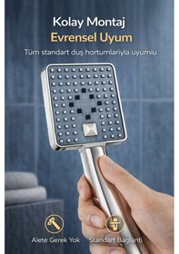 Resim Kamelya Kare 3 Fonksiyonlu Tuşlu Ultra Lüx Duş Başlığı El Duşu Krom 