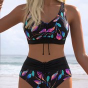 Resim Yaz Plaj Tatili 2 Parça Renkli Yaprak Desenli İpli Bikini Takımı Kadınlar İçin 