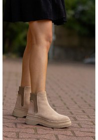 Resim Kadın Süet Lastikli Detaylı Şık Kadın Bootie Bej 