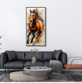 Resim Yağlı Boya Dokulu Tablo Koşan Kahverengi Dikey At Siyah Çerçeveli U04034-178948 
