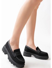 Resim Siyah Süet Günlük Yüksek Tabanlı Loafer Ayakkabı Siyah Süet Siyah 