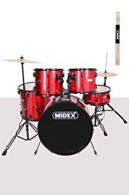 Resim Midex CD900X-BK 22" Yetişkin Akustik 22B-13T-12T-16F-14S 5 Parça Kırmızı Bateri Davul Seti 