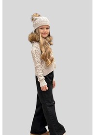 Resim Triko Hırka Kot Pantolon Ve Bereli Kız Takım Krem 