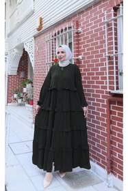 Resim HNT Hayrunnisa Tesettür Kat Kat Volan Detaylı Ferace Haki HNT7135 