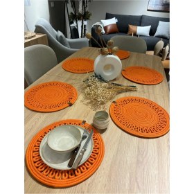 Resim Jütex Home Jüt Hasır Görünümlü Amerikan Servis Sunum Takımı Yıkanabilir Isıya Dayanıklı Jüt 6turuncu Parça 