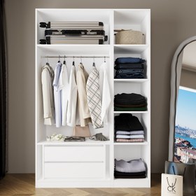 Resim Bimossa KB50 Goss 135 cm İkili Kapaksız İki Bölmeli Dar Gardırop, Askılı, Çekmeceli ve Raflı Açık Giyinme Dolabı, Beyaz Modern Elbise Dolabı 