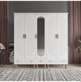 Resim Beenal Furkan 5 Kapaklı Gardırop, Çekmeceli Dolap 200cm Beyaz-Beyaz 