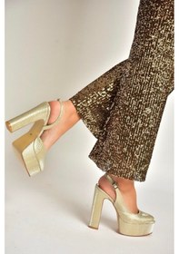 Resim Fox Shoes Y246195107 Altın Yılan Baskı Platform Kalın Topuklu Kadın Abiye Ayakkabı Altın 
