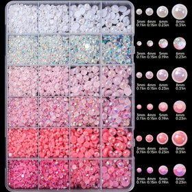 Resim 5300 adet Pembe & Beyaz AB Reçine Taş & Yarım Yuvarlak İnci Seti - Düz Sırtlı Tırnak Sanatı Süsleri, DIY El İşleri, Takı, Giysi Süslemeleri & Çanta Dekorasyonları için Sıcak Tutkal Gerektirmeyen Taşlar 