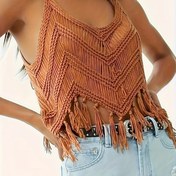 Resim Boho Chic Kadın Püskül Plaj Örtüsü - Kolsuz V-Yaka Örgü Boşluk Üstü, Turuncu Püskül Detayı, Yaz Gezileri için Mükemmel 