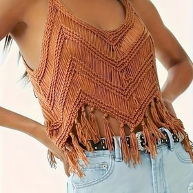 Resim Boho Chic Kadın Püskül Plaj Örtüsü - Kolsuz V-Yaka Örgü Boşluk Üstü, Turuncu Püskül Detayı, Yaz Gezileri için Mükemmel 