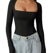 Resim 1 adet Y2K Stil Kare Yaka Uzun Kollu Üst - Polyester Örgü Kumaş, Dar Kesim, Normal Uzunluk, Orta Esneklik, Düz Renk, Normal Kol, İlkbahar/Yaz/Sonbahar Koleksiyonu 