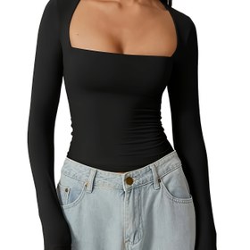 Resim 1 adet Y2K Stil Kare Yaka Uzun Kollu Üst - Polyester Örgü Kumaş, Dar Kesim, Normal Uzunluk, Orta Esneklik, Düz Renk, Normal Kol, İlkbahar/Yaz/Sonbahar Koleksiyonu 