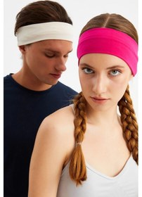 Resim 2'li Pamuklu Penye, Kaymaz, Terletmez, Ultra Hafif, Spor Saç Bandı Bandana - Tek Ebat / Fuşya-beyaz Fuşya-beyaz 