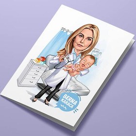 Resim Çocuk Doktoru Kadın Karikatürlü Tebrik Kartı 
