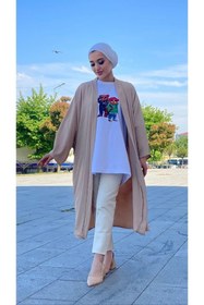 Resim CNG MODA Kadın Bej Ayrobin Kuşaklı Kimono 