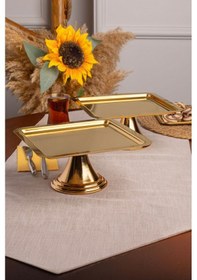 Resim 2'li Gold Kare, Ayaklı Şık Kek, Pasta, Kurabiye Ve Tatlı Servis Sunum Standı Gold 