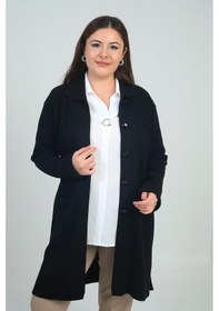 Resim By Saygı Kadın Önü Desenli Cepli Fitilli Büyük Beden Likralı Triko Hırka-41851 Siyah 