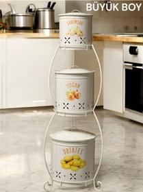 Resim 3 Katlı Büyük Boy Metal Patates Soğan Kovası - Sebzelik Krem 