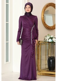 Resim Raika Moda Parıltılı Fırfır Detaylı Zühre Tesettür Abiye Mor 