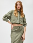 Resim Crop Gömlek Uzun Kollu Cep Detaylı Beli Lastikli Düğmeli 