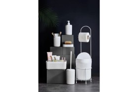 Resim EstoreBox DEPA 7 Parça Beyaz Banyo Seti Metal Stantlı Kovalı Wc Kağıtlık Kozmetik Kutusu Fırçalık Sabunlukl 