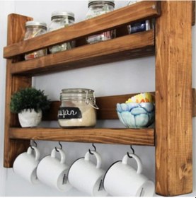Resim DEKORATİF AHŞAP MUTFAK RAFI BAHARATLIK VE FİNCANLIK Kahverengi 