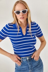 Resim Olalook Kadın Saks Mavi Polo Yaka Çizgili Crop Triko Bluz BLZ-19002236 