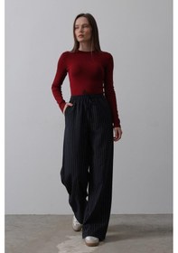 Resim Beli Lastikli Bol Paça Pantolon - Lacivert-beyaz 