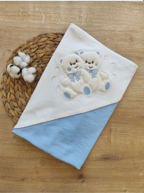 Resim %100 Pamuklu & Mevsimlik Bebek Battaniyesi - Kahverengi & Ayıcık Nakışlı Bebek Örtüsü 80x90 Cm Mavi 