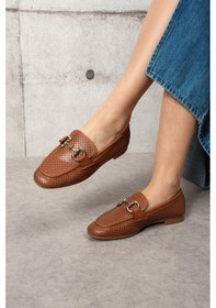 Resim Shoetek Dorotta Kadın Babet Lazer Delikli Tokalı Taba Deri Taba Cilt 