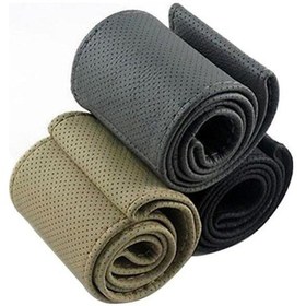 Resim Gri İğne Ve İplik İle Dıy Yumuşak Suni Deri Araba Oto Direksiyon Kapağı 