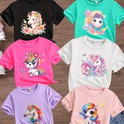 Resim 6 Renk Rastgele Bir İlginç Baskı Kızlar Moda T-Shirt Yaz Yuvarlak Yaka Rahat Üstler Kızlar Kısa Kollu 