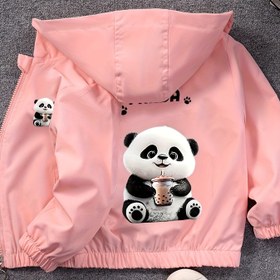 Resim Kızlar için Pembe Panda Kapüşonlu Ceket - Günlük & Sevimli "PHKHOR" Baskılı, Uzun Kollu, Fermuarlı, Polyester - İlkbahar/Sonbahar Dış Giyim için Mükemmel 