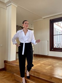 Resim Paça dikişli yüksek bel şalvar pantolon SİYAH - S 