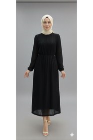 Resim CNG MODA Kadın Tesettür Danteli Astarlı Hasır Kemerli Elbise 
