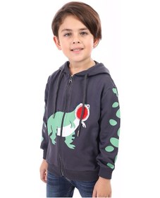 Resim Toontoy Kids Toontoy Erkek Çocuk Kapüşonlu Fermuarlı Baskılı Örme Hırka - 2 İplik Füme 