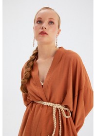 Resim Sateen Kuşak Detaylı Salaş Kimono- Taba 