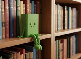 Resim Sevimli Gülen Kitap Figürü - Hareketli Bacaklı Raf Dekoru, Kitaplık ve Ofis Aksesuarı, Estetik Kitap Kurdu Biblosu, Okuma Odası ve Kütüphane Hediyesi (Yeşil) 