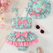 Resim 3 adet Boho Çiçekli Bebek Kız Yaz Kıyafeti - Pembe Rengi Şeritli Tank Üst, Kırışıklar Etiket, Güneş Şapka ve Gözlük Seti, Yeni Doğanlar için, Polyester, Esnek Olmayan Kumaş, Plaj ve Havuz Kenarı için Mükemmel, Plaj Kıyafeti|Oyunlu Baskı|Polyester Kumaş, Dış Mekan için 