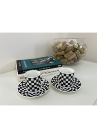 Resim Siyah Beyaz Porselen Fincan Takımı - 2 Kişilik Damalı 