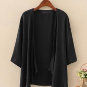 Resim Büyük Beden Kadın 3/4 Kol Açık Ön Cardigan - Düz Renk, Dokuma, Esnek Değil, Rayon/Viskoz Blend, Kış/Sonbahar Üst 