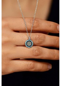 Resim Mix Taşlı Rodyum Nazar Boncuğu Minimal Gümüş Kolye Rn10124 