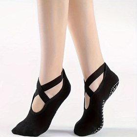 Resim Kadın Siyah Yoga Çorapları Kaymaz Havlu Tabanı ile - Nefes Alabilen Ayak Desteği, Yoga, Pilates ve Zemin Egzersizleri için Kemer Tasarımı - Tüm Mevsimler Konfor ve Kararlılık 