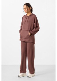 Resim Kahverengi Yumuşak Dokulu Kapüşonlu Oversize Kadın Eşofman Tunik Takım - 95348 Kahverengi 